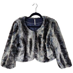 Free People Faux Fur Crop Coat Large Smoke Multi 3/4 Sleeve Luxe Edgy Mob Wife